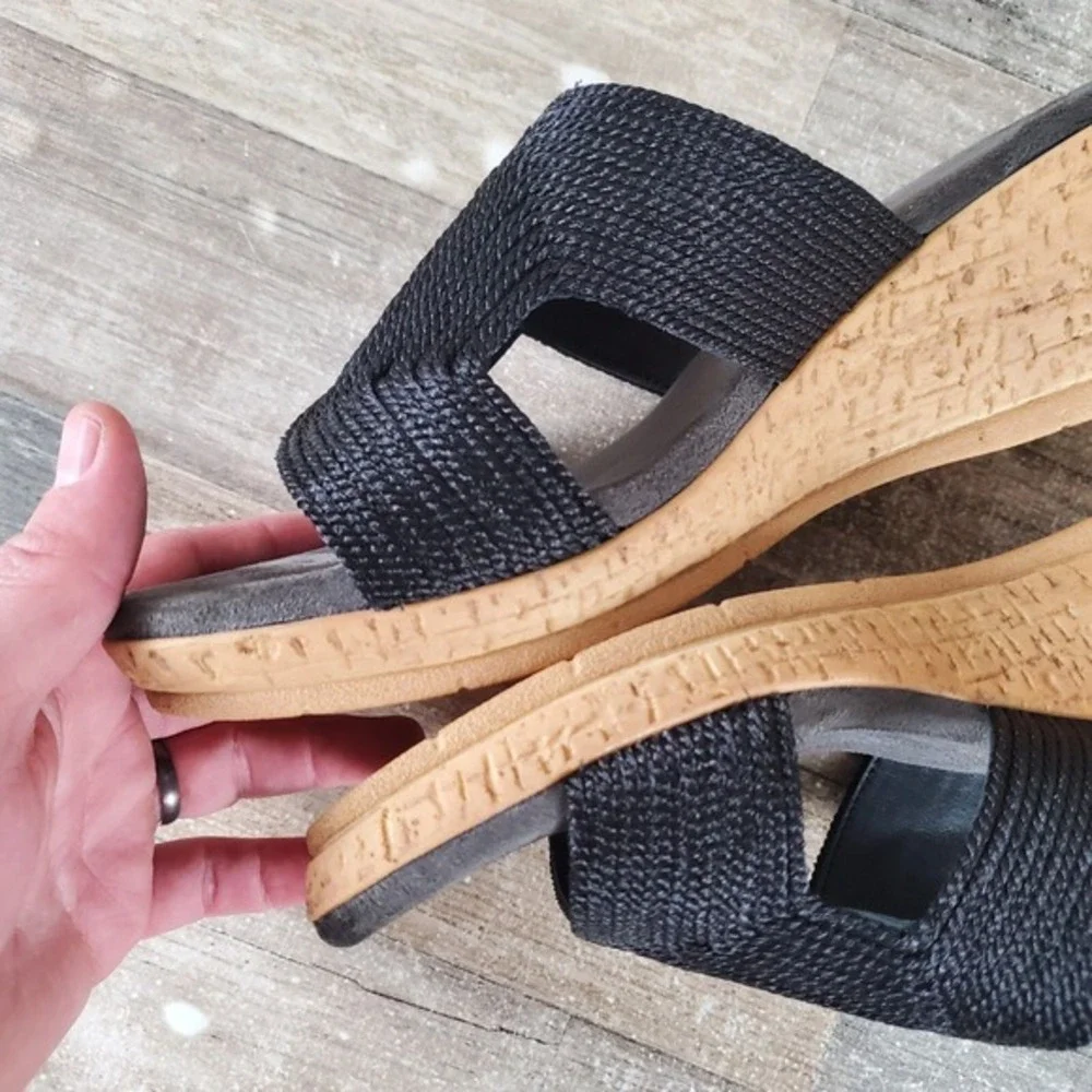 David Tate Vibe Womens Sandals Sz‎ 9.5 M Black Rayon Fabric Slip On Wedge Heel
